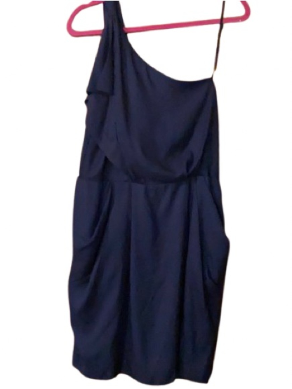 BCBG Navy Blue one shoulder dress. Pockets!